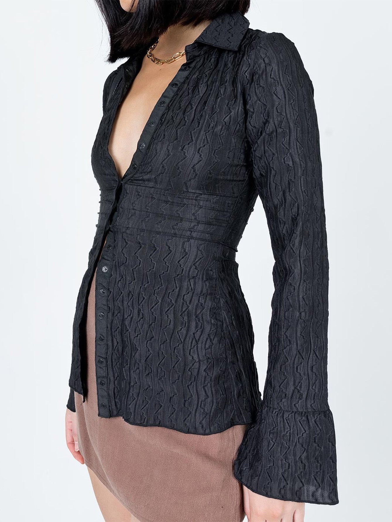 Black Lapel Waist Cinched Flare Sleeve Blouse