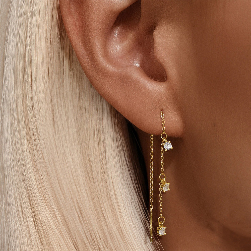 Micro Pavé Diamante Con Flecos Con Cadena Aretes de Hilo