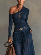 Two-piece set: navy blue asymmetrical top and sheer tulle skirt (with belt)