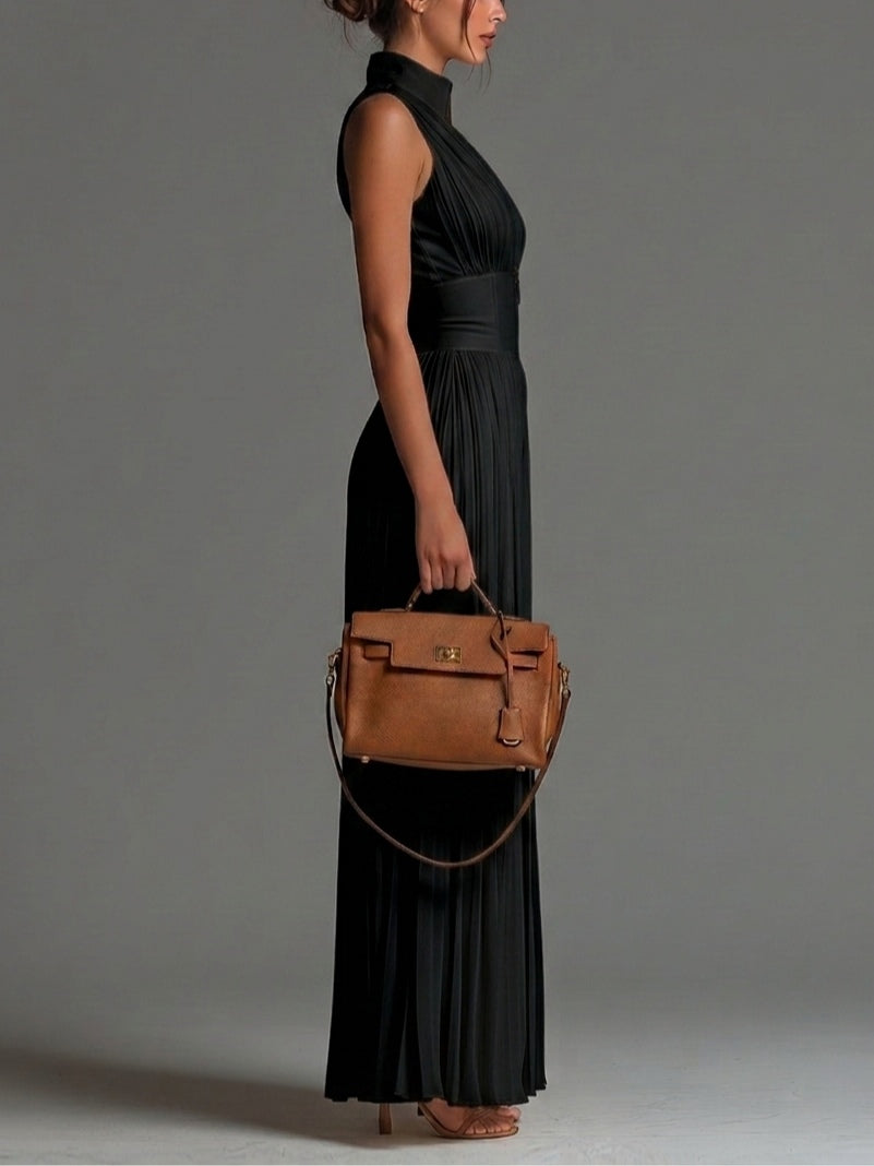 Vittoria · Tuta nera in chiffon con scollo a V, senza maniche, con zip, a pieghe, pantaloni a palazzo