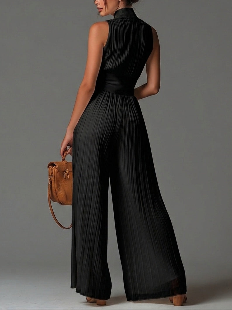 Vittoria · Tuta nera in chiffon con scollo a V, senza maniche, con zip, a pieghe, pantaloni a palazzo