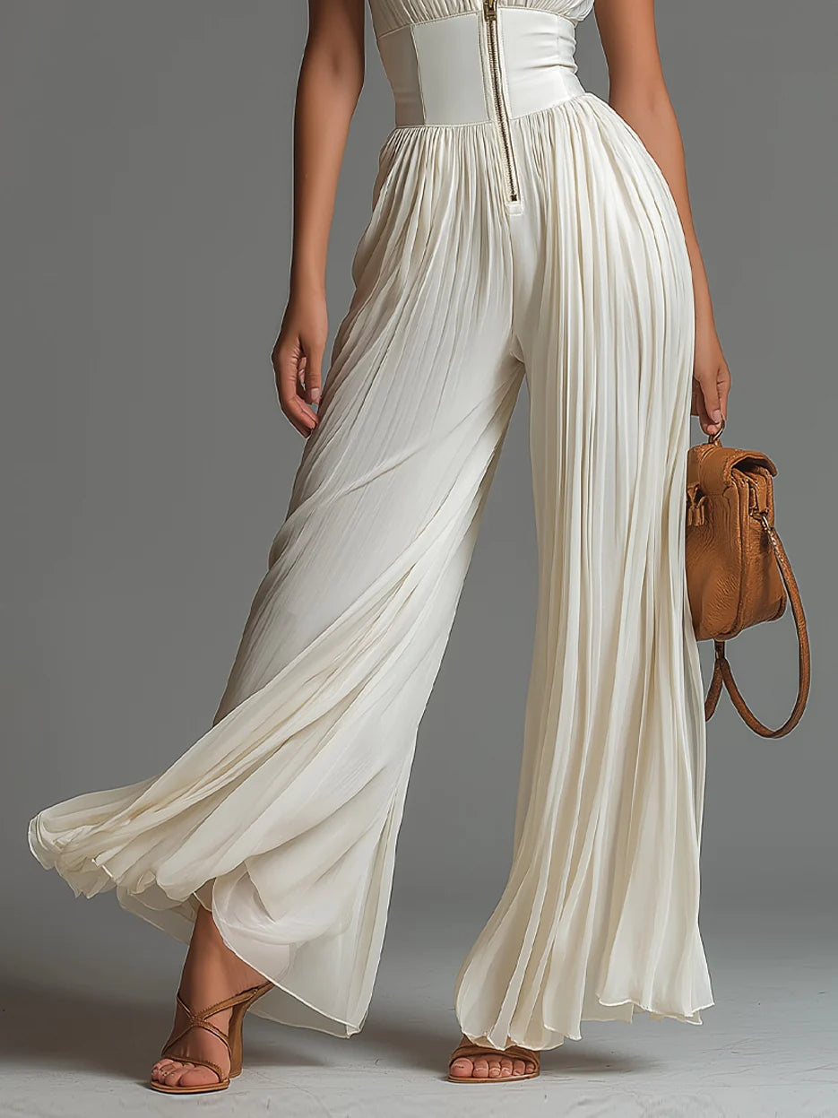 Vittoria · Tuta nera in chiffon con scollo a V, senza maniche, con zip, a pieghe, pantaloni a palazzo