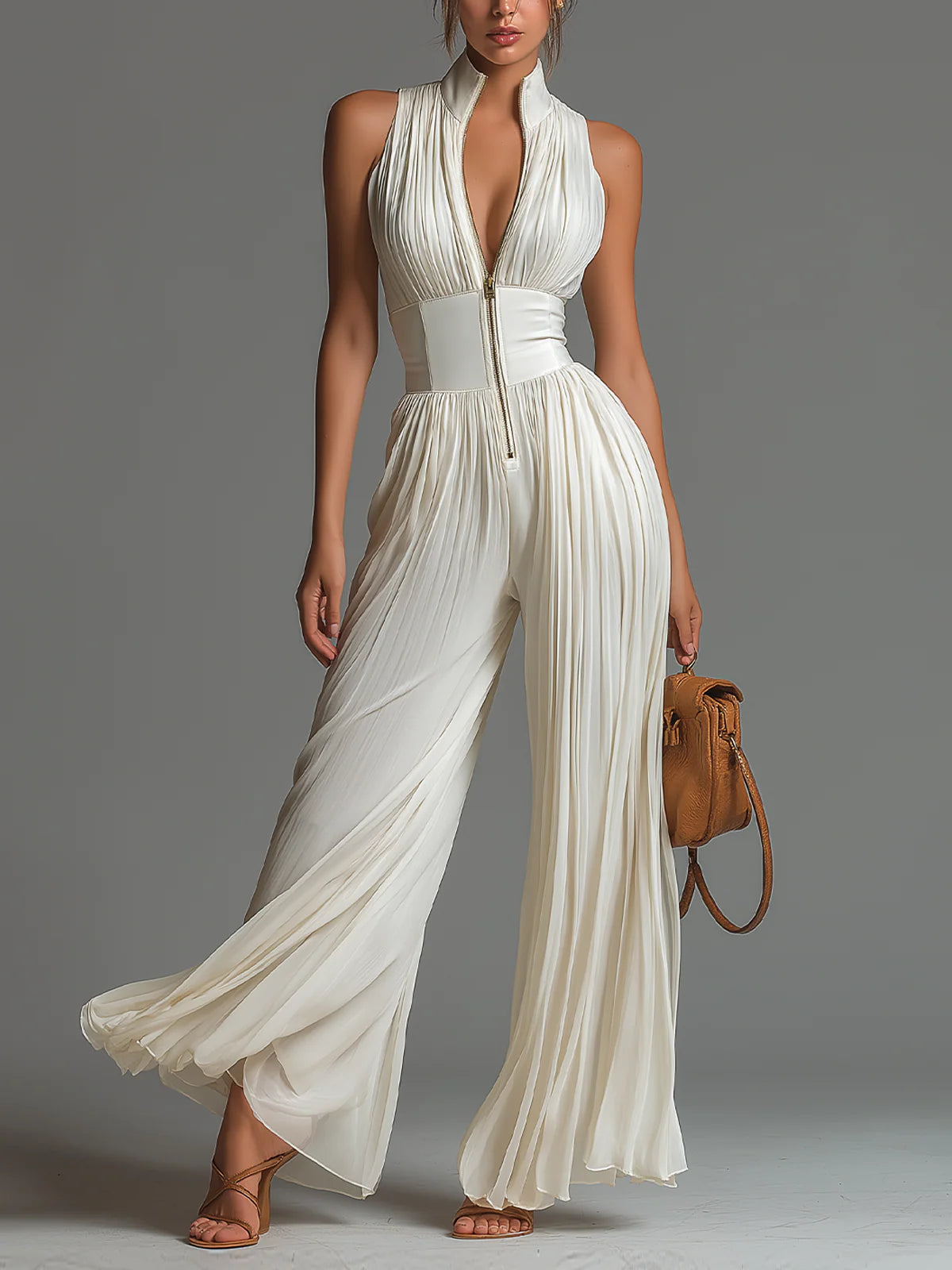 Vittoria · Tuta nera in chiffon con scollo a V, senza maniche, con zip, a pieghe, pantaloni a palazzo