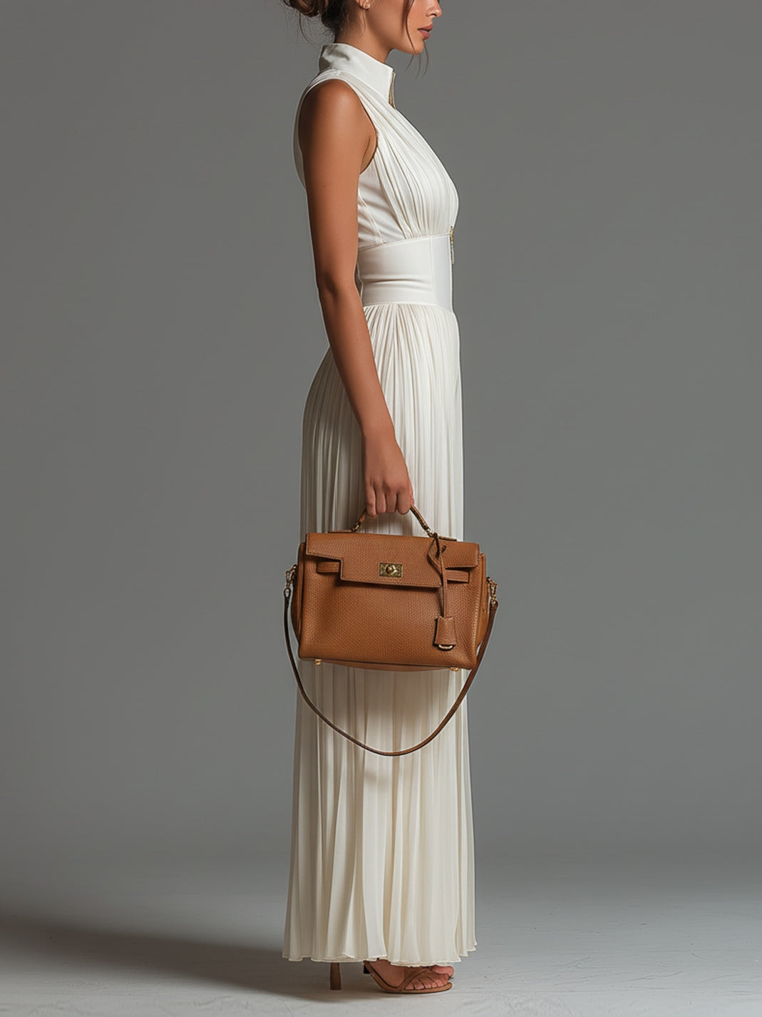 Tuta in Chiffon Bianca Senza Maniche con Zip e Pieghe a Gamba Larga