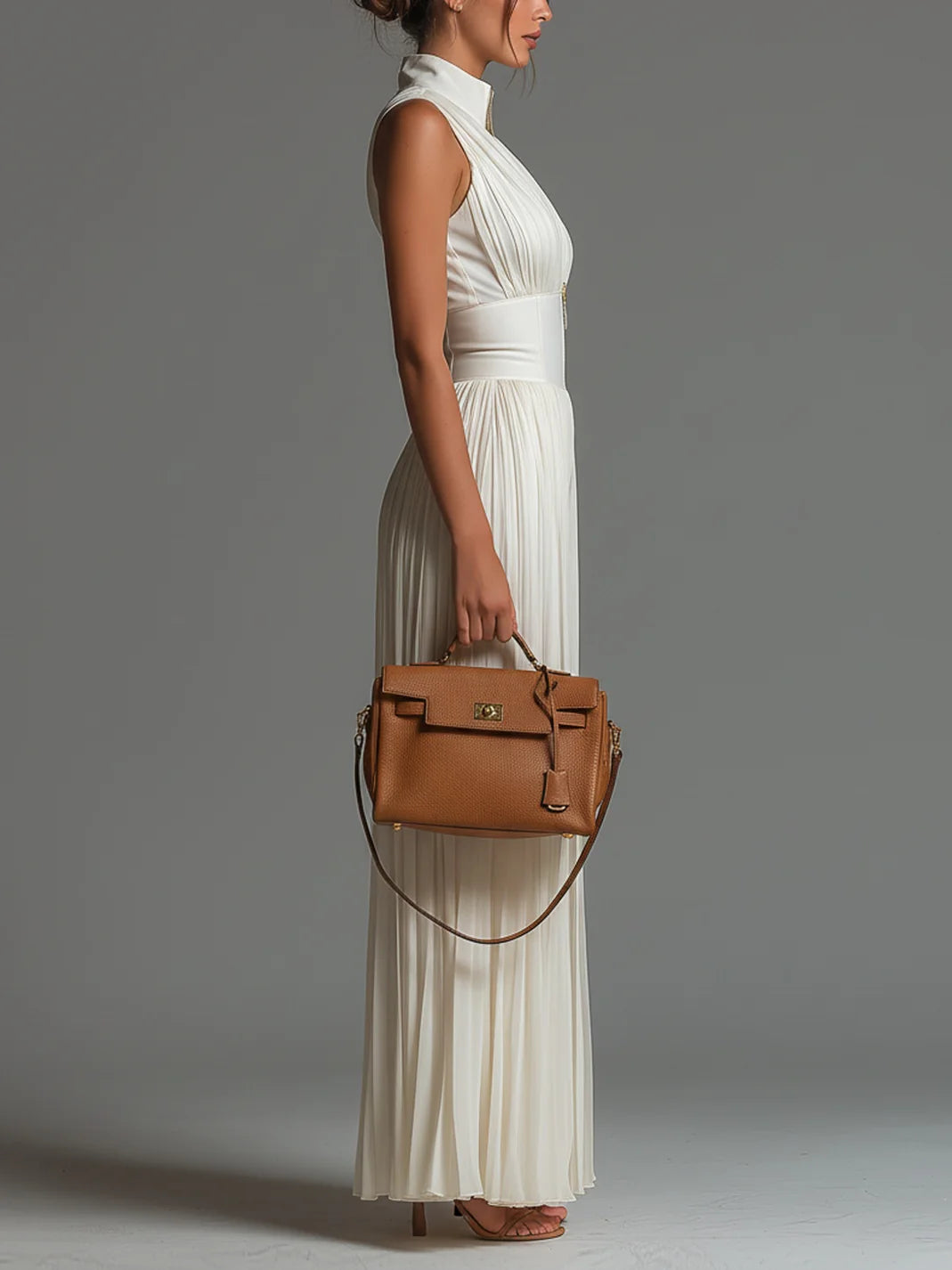 Vittoria · Tuta nera in chiffon con scollo a V, senza maniche, con zip, a pieghe, pantaloni a palazzo