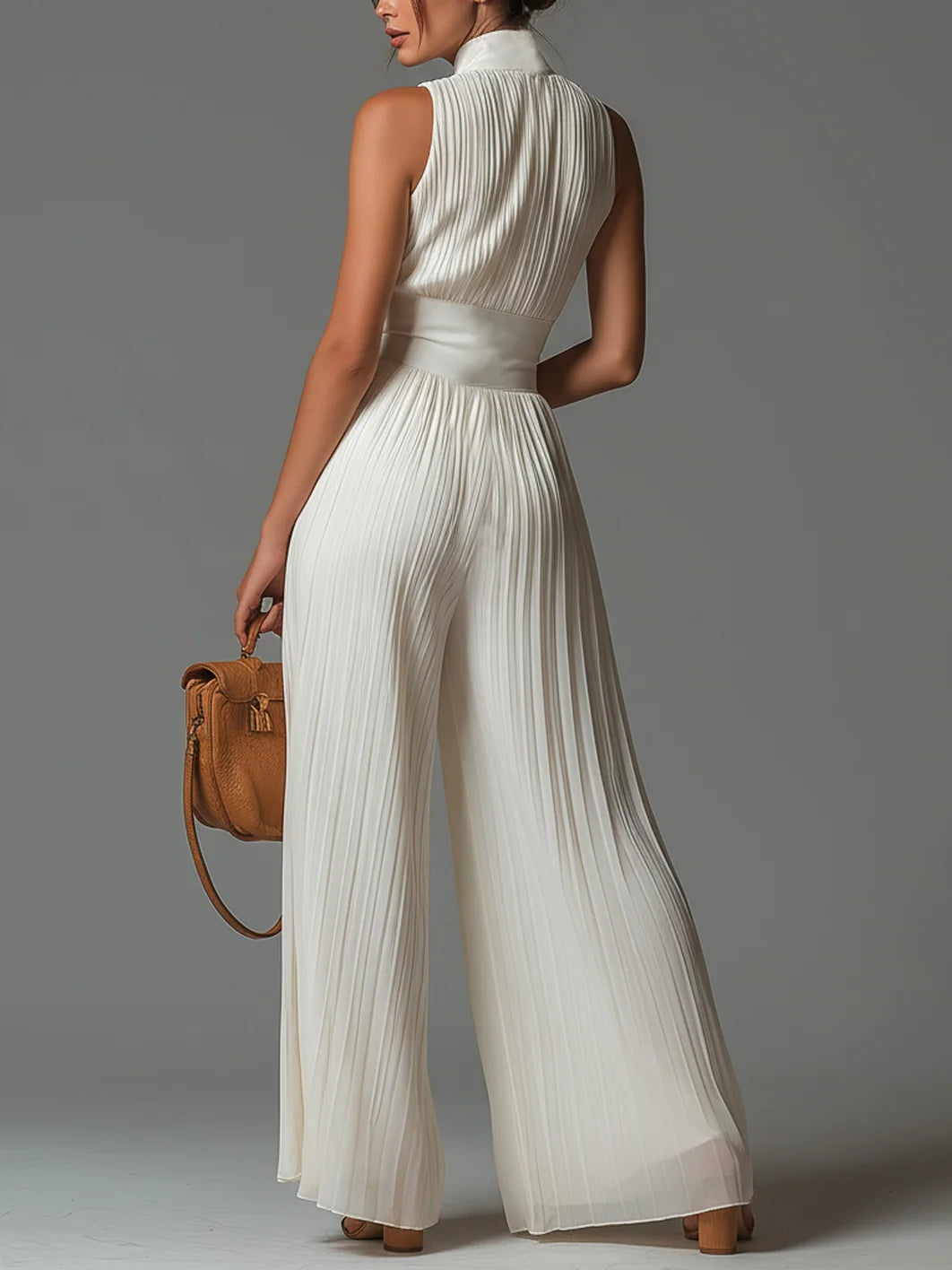 Vittoria · Tuta nera in chiffon con scollo a V, senza maniche, con zip, a pieghe, pantaloni a palazzo
