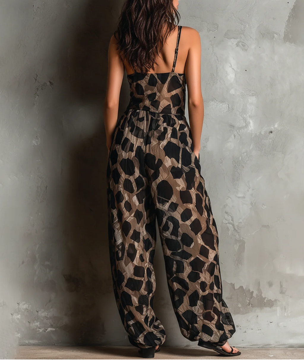 Roberta · Tuta ampia in chiffon nera con stampa animalier, scollo a halter e pantaloni a palazzo
