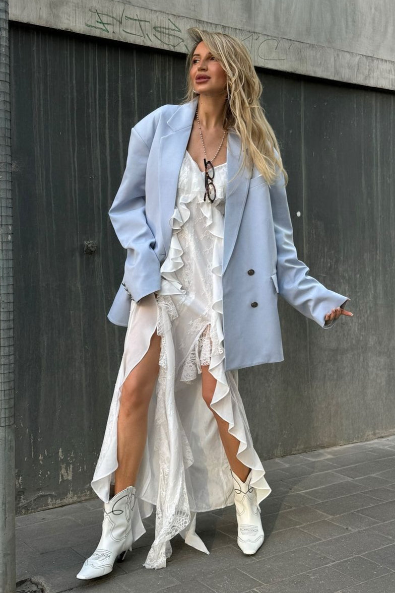 White Ruffle Trim Cami Slit Bodycon Maxi Dress