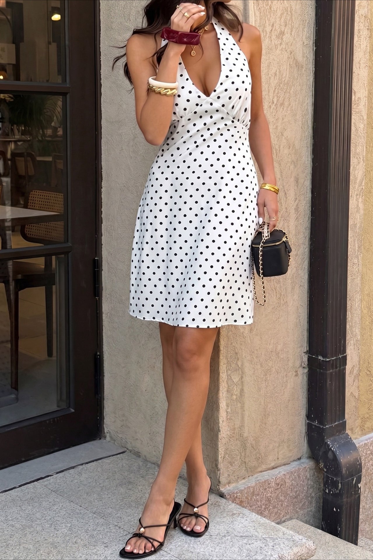 Polka Dot Halter Deep V Waist Midi Dress