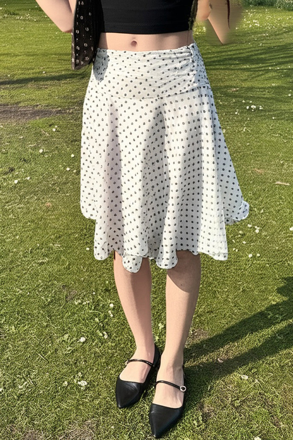 Polka Dot Low Rise Ruffle Trim A Line Skirt