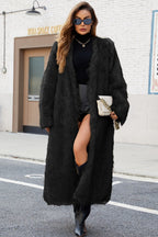 Long faux fur coat with V-neck