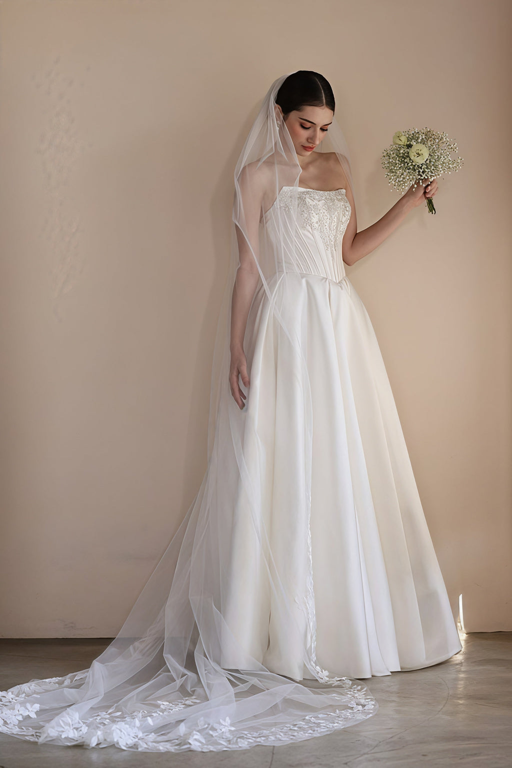 Strapless Boning Rhinestone Satin Wedding Dress