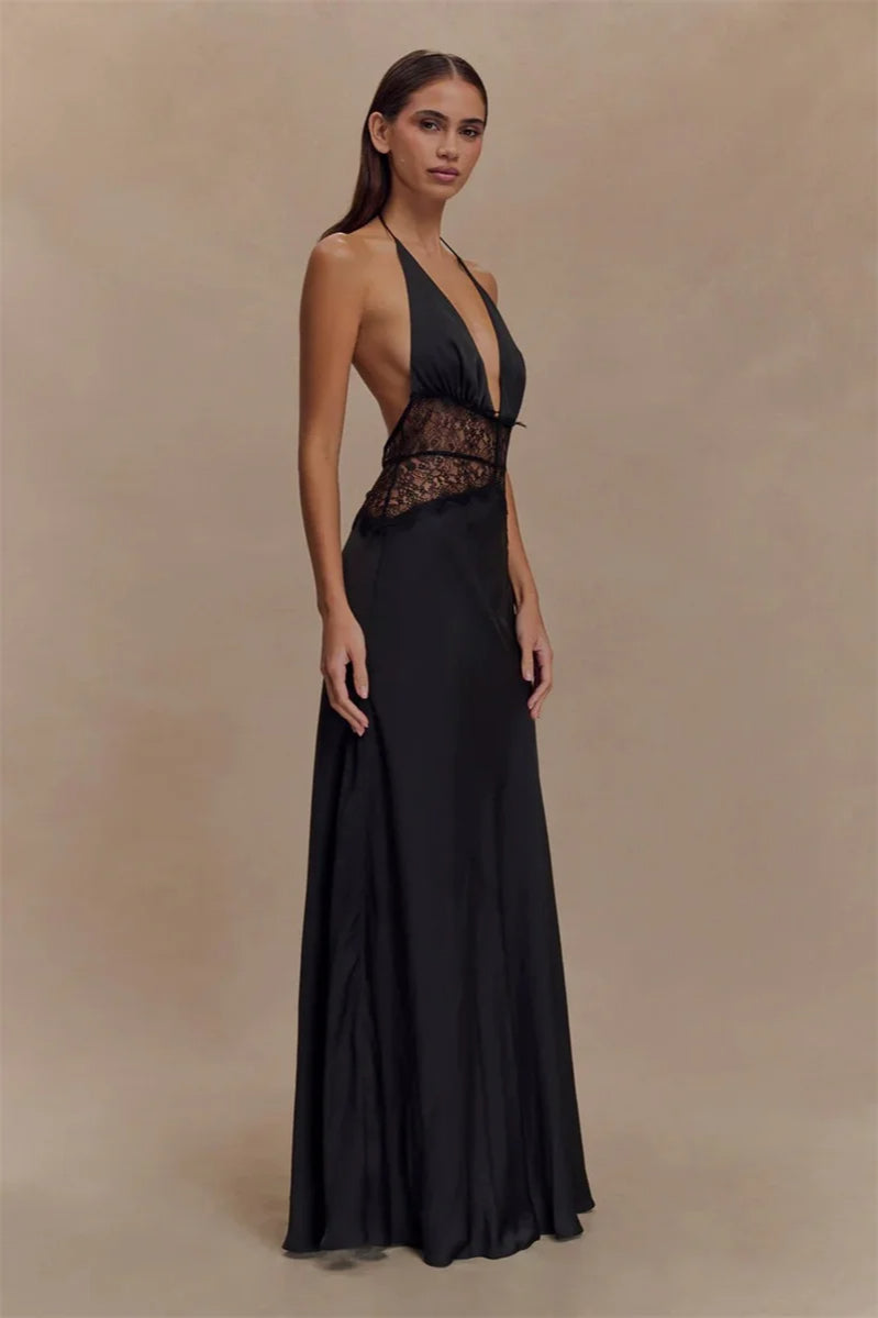 Lace Patchwork Backless Halter Boho Dress