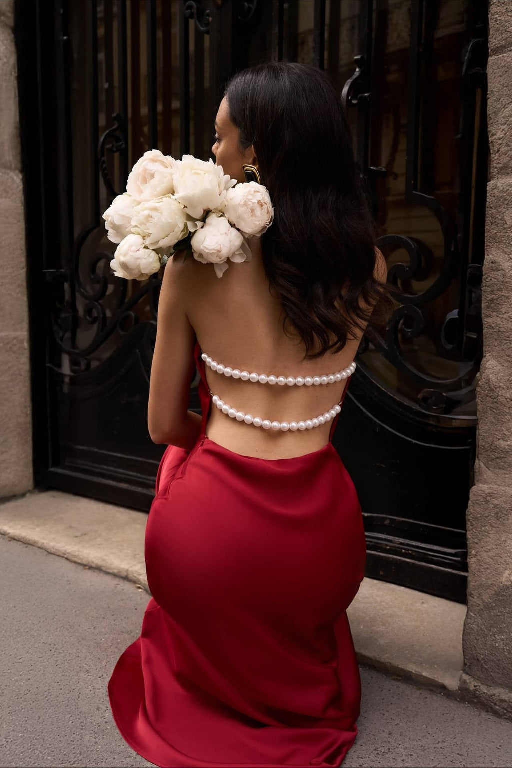 Satén Escote en V Halter Espalda Descubierta Vestido Maxi de Fiesta
