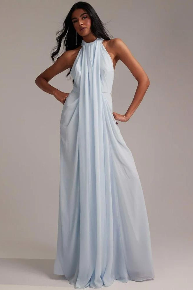 Elegante Halter Azul Claro Vestido Maxi de Fiesta