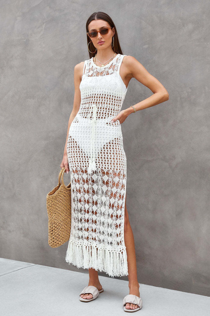 Knit Hollow Out Fringe Beach Maxi Cover Up