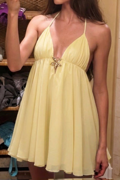 Halter V Neck Backless Metal Accent Mini Dress