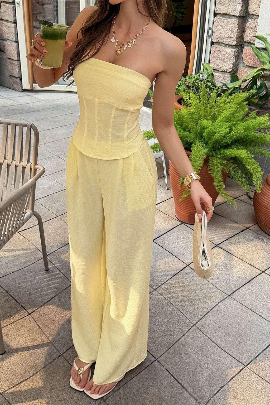 Yellow Strapless Relaxed Linen Pants Set