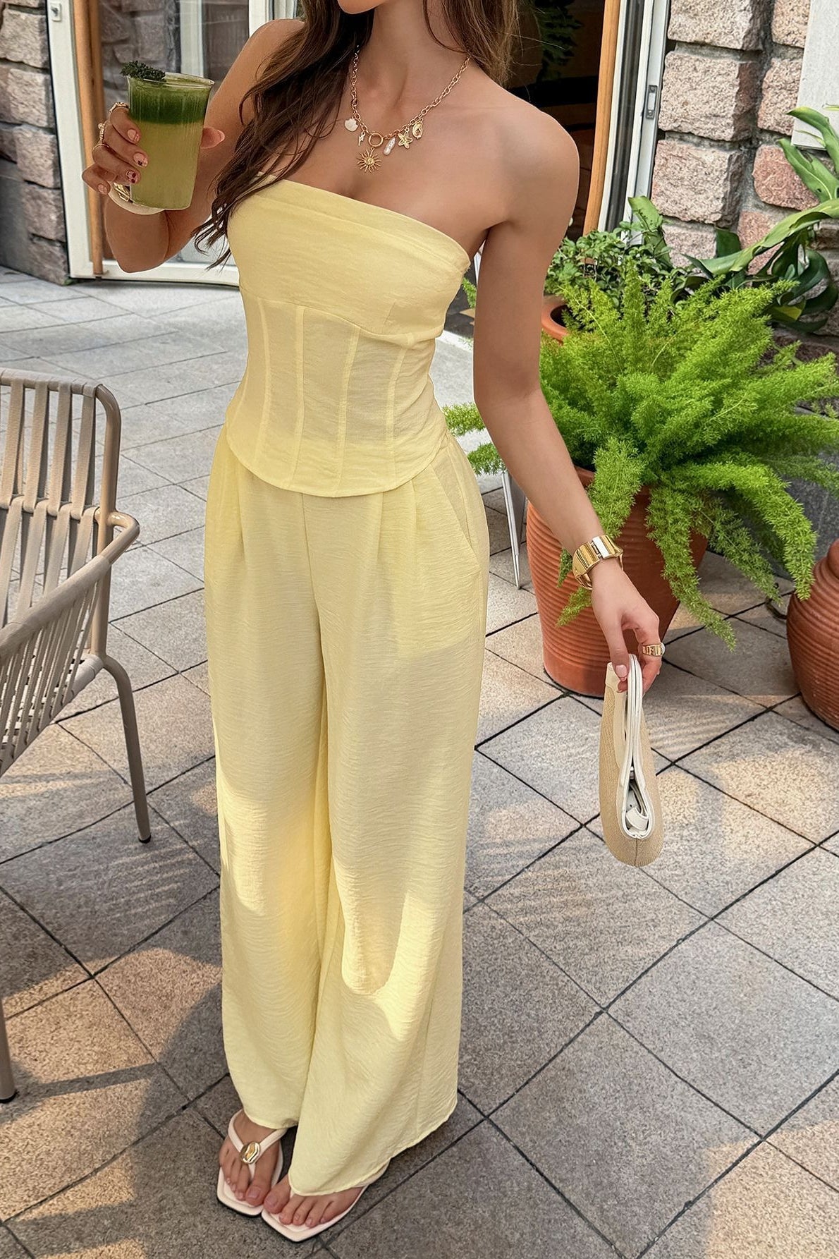 Yellow Strapless Relaxed Linen Pants Set