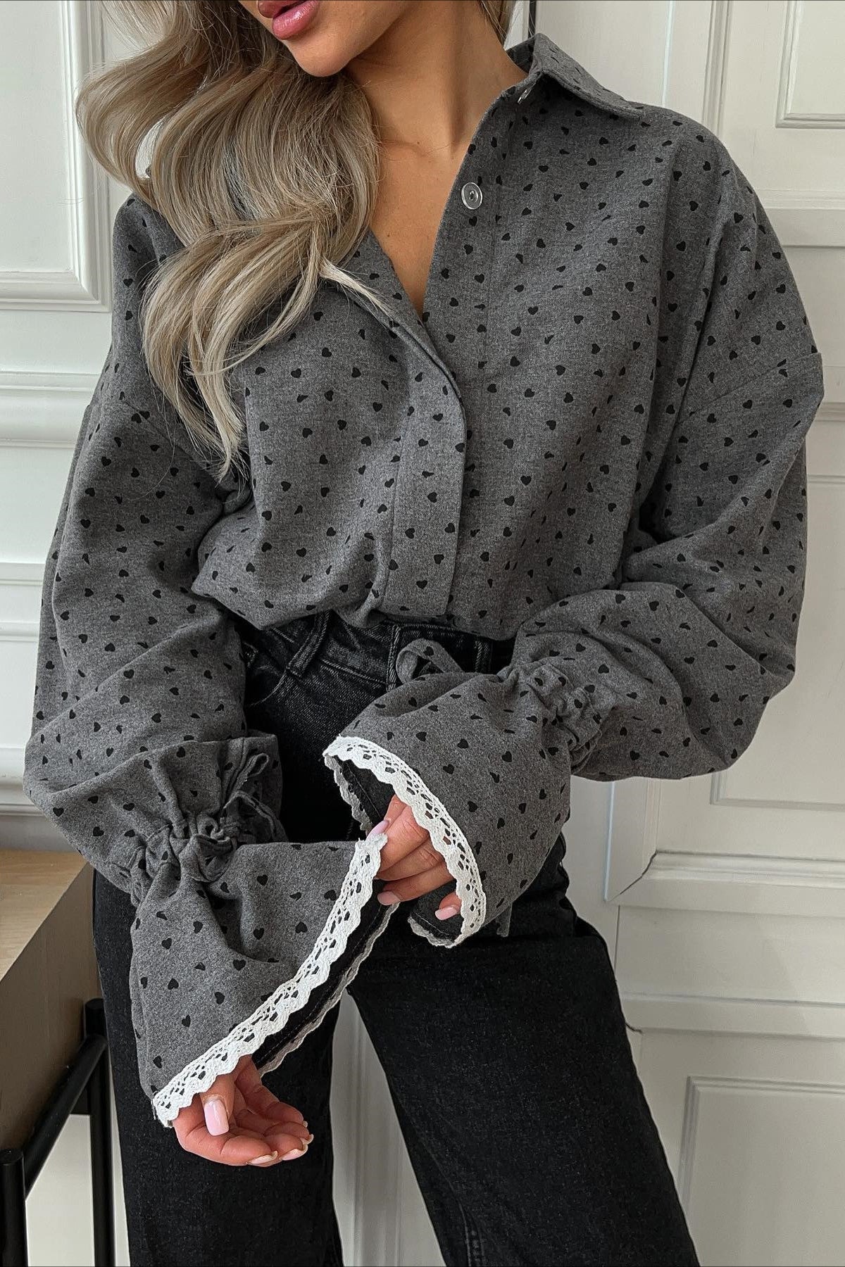 Estampado de Corazones Encaje Trimmed Blusa