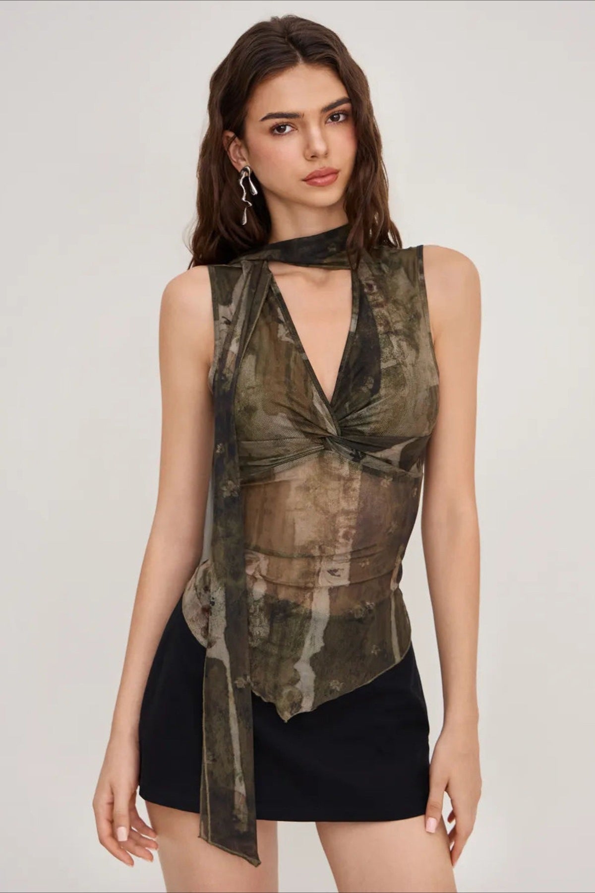 Sheer Mesh Print Ribbon Tie Halter Top