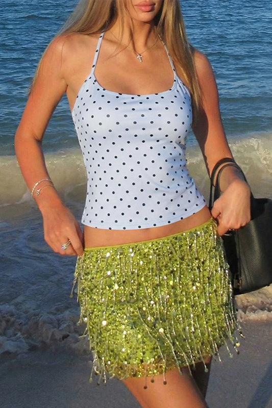 Polka Dot Ruched Spaghetti Strap Halter Top