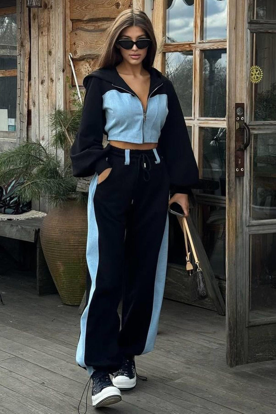 Conjunto Casual de Sudadera con Capucha Denim Bloques de Color y Pantalón