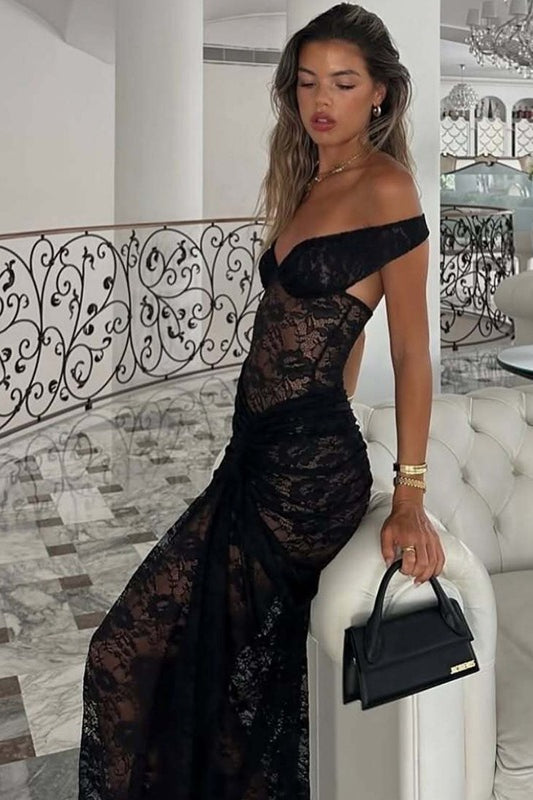 Lace Patchwork Backless Slit Maxi Skirt Set
