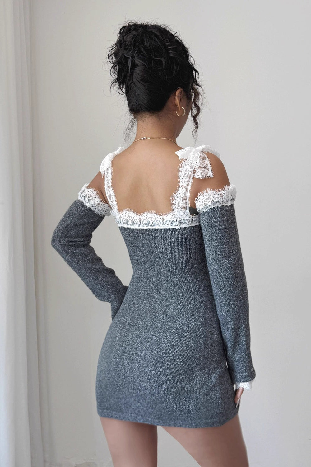 Encaje Con Ribete Hombros Descubiertos Vestido de Punto