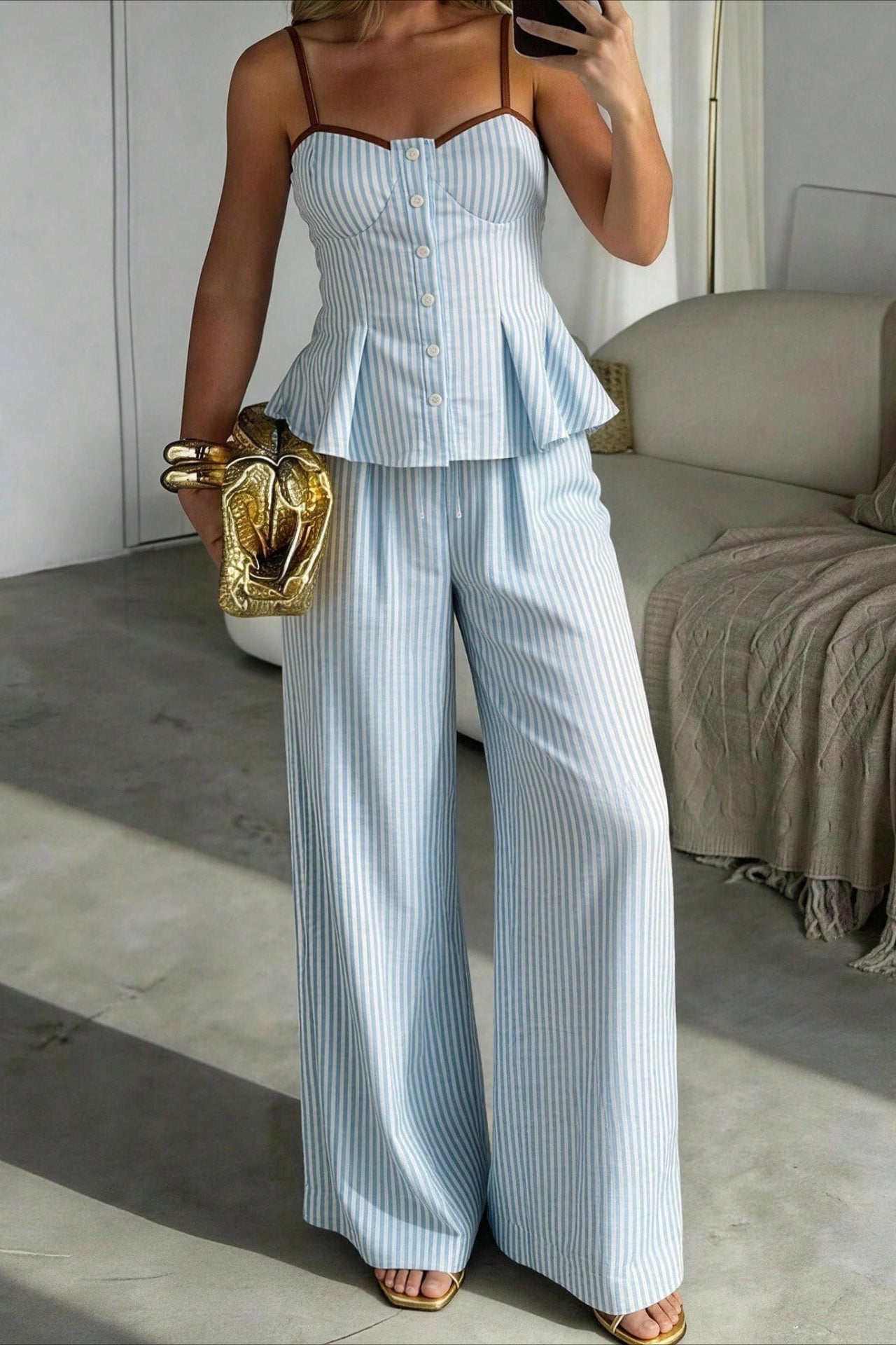 Color Block Striped Linen Blend Pants Set