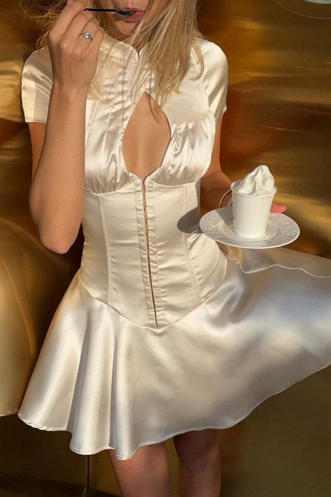 Satin Hollow Out Waist Elegant  A Line Mini Dress
