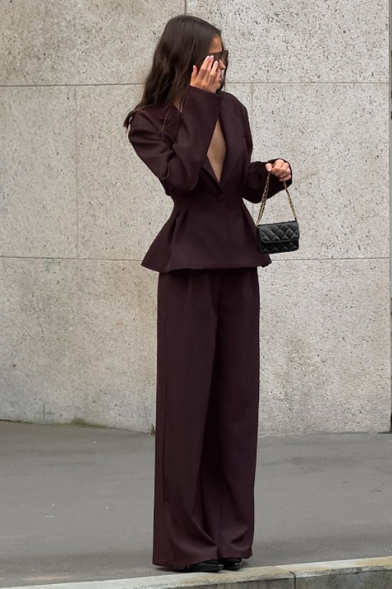 Plunging Neckline Two Piece Blazer Pants Set