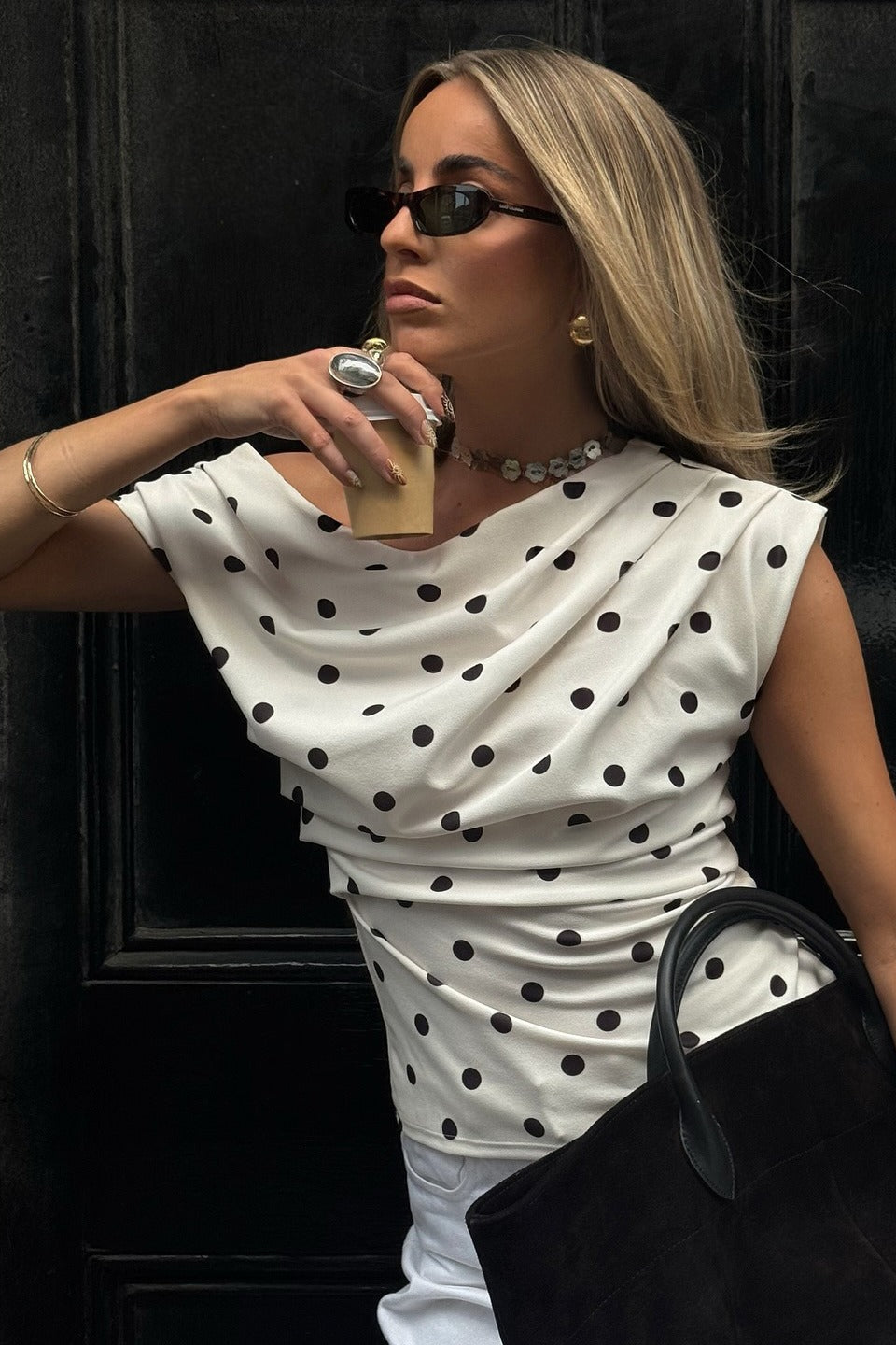 Retro Lunares Un Hombro Blusa