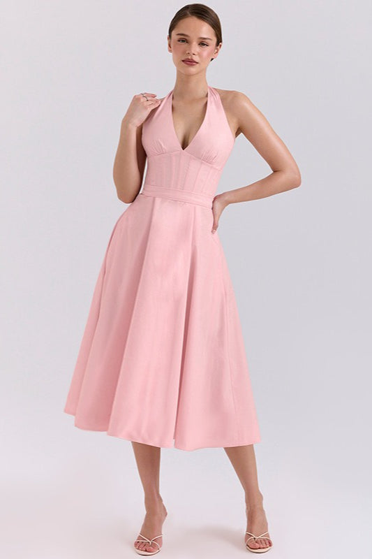 Elegante Escote Profundo en V Halter Espalda Descubierta Vestido Maxi de Fiesta