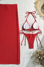 Conjunto de baño de tres piezas con falda larga de malla y detalle de estrella de mar