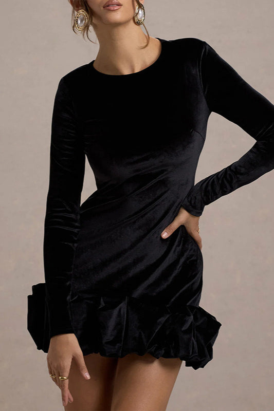 Vestido Midi de Terciopelo, Cuello Redondo, Fruncido