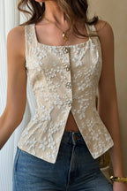 Camiseta sin mangas de jacquard con cuello en U y detalle de botones en color liso
