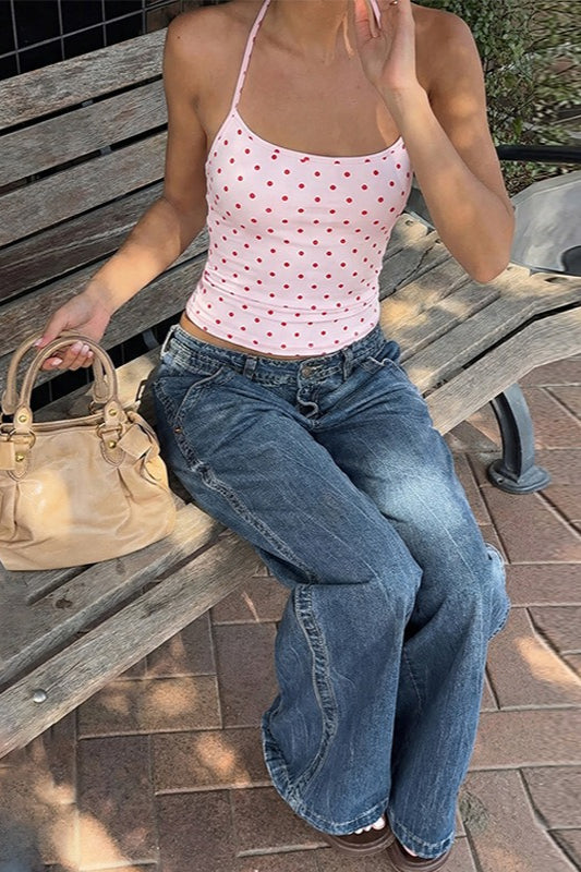 Polka Dot Ruched Spaghetti Strap Halter Top