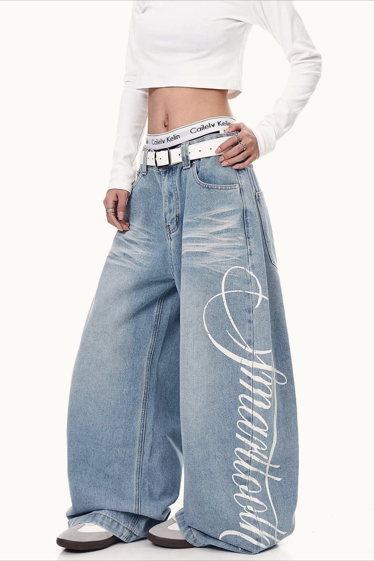 Jeans Versátiles de Pierna Ancha Holgados con Estampado de Letras