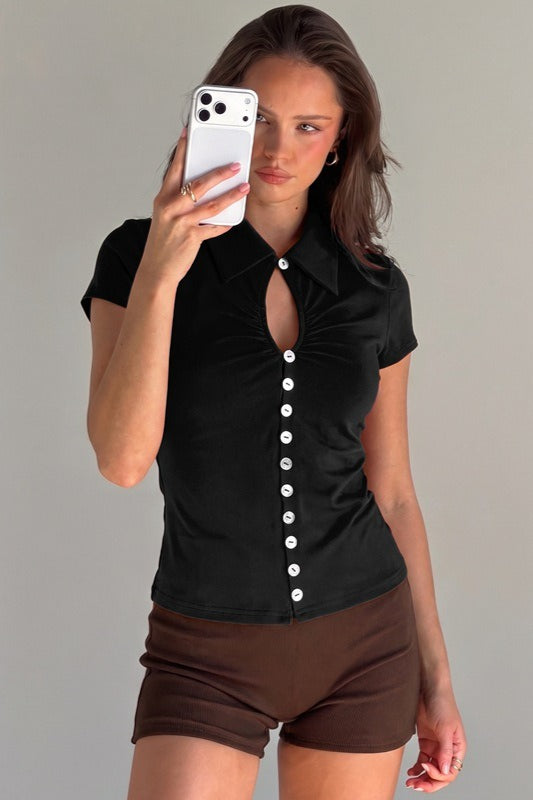 Button Front Lapel Short Sleeve Blouse