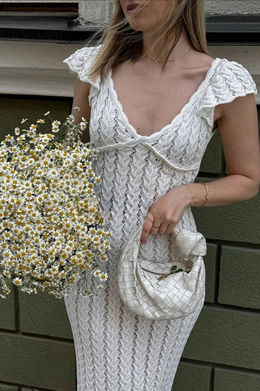 Ruffled Knit Backless V-Neck Boho Dress