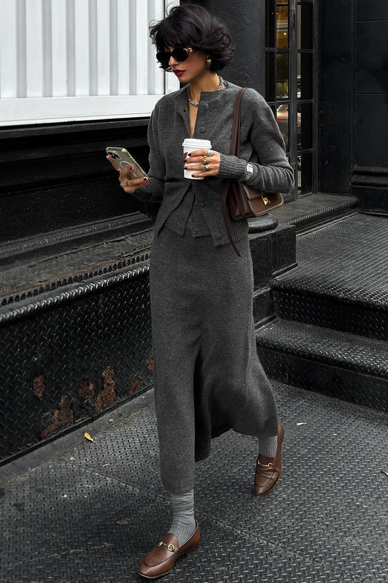 Button Cardigan Camisole Skirt Knit Set
