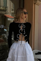 Tie Contrast Ruffle Cropped Cardigan