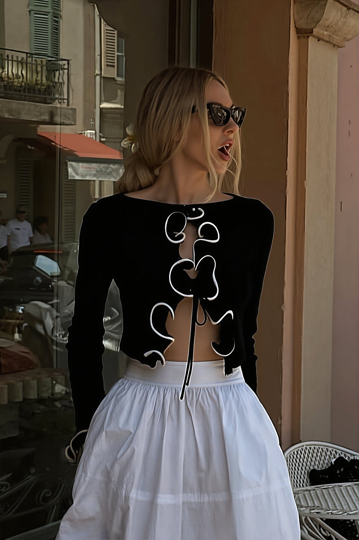 Tie Contrast Ruffle Cropped Cardigan