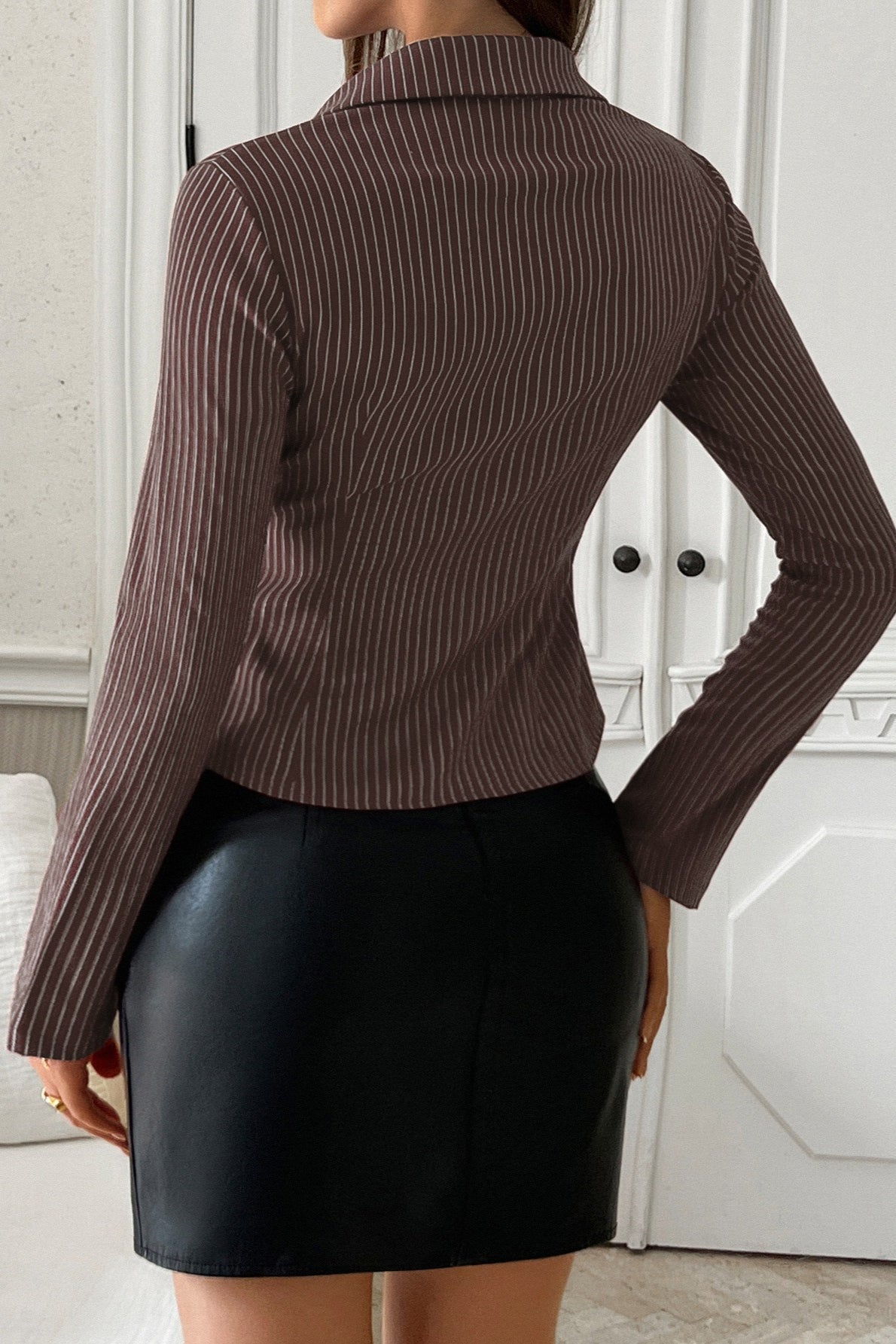 Liso A Rayas Manga Larga Blusa