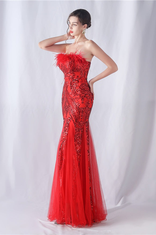 Pluma de Avestruz Lentejuelas Vestido de Fiesta de Noche
