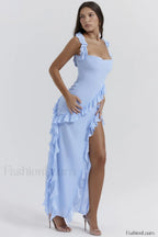 Ariela Suave Azul Encantador Volantes Vestido Maxi