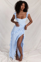 Ariela Suave Azul Encantador Volantes Vestido Maxi