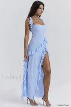 Ariela Suave Azul Encantador Volantes Vestido Maxi