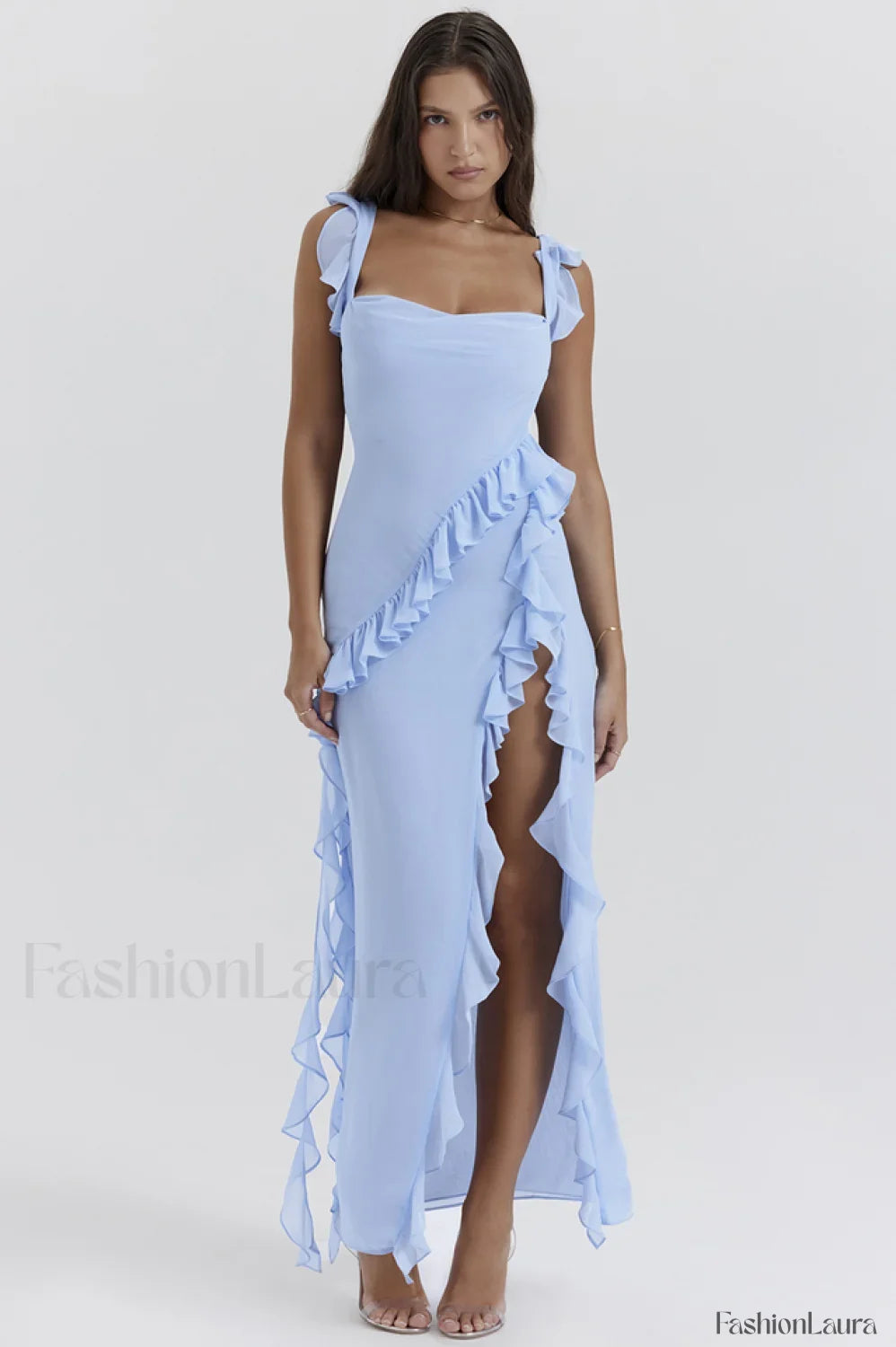 Ariela Suave Azul Encantador Volantes Vestido Maxi